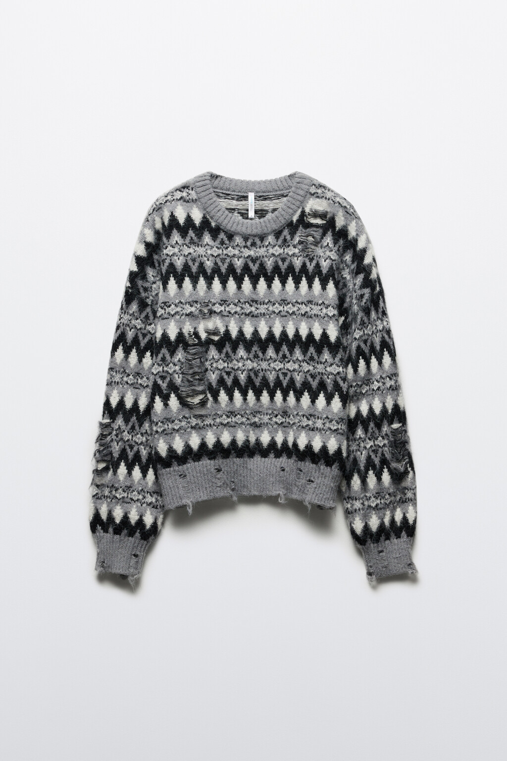 Джемпер вязаный рваный с узором - цвет серый - 9