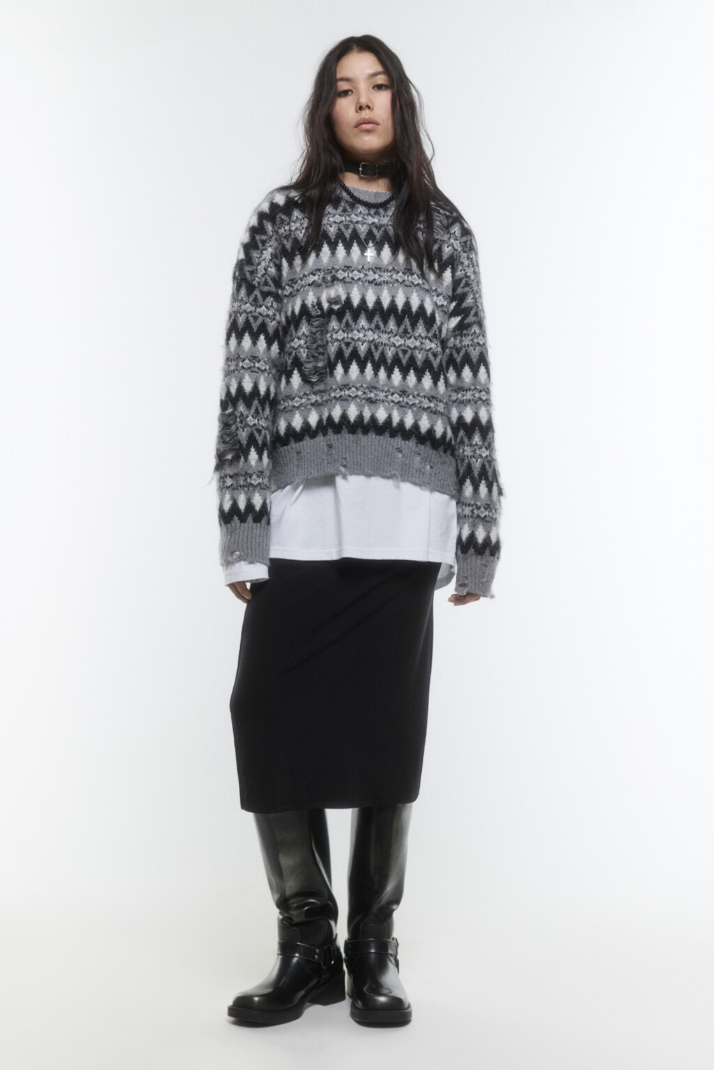 Джемпер вязаный рваный с узором - цвет серый - 6