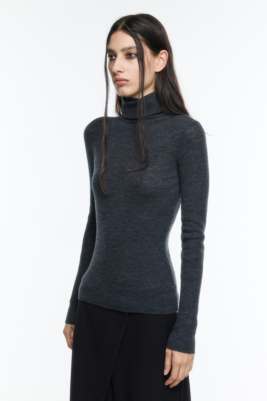 Водолазка тонкой вязки из шерсти мериноса - цвет серый - 3