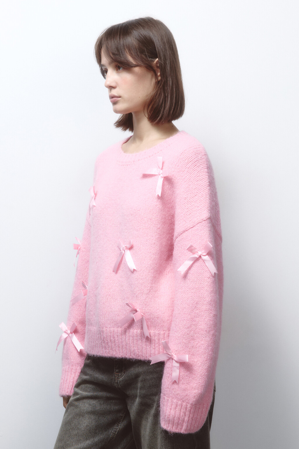Джемпер вязаный с атласными бантиками - цвет розовый - 3