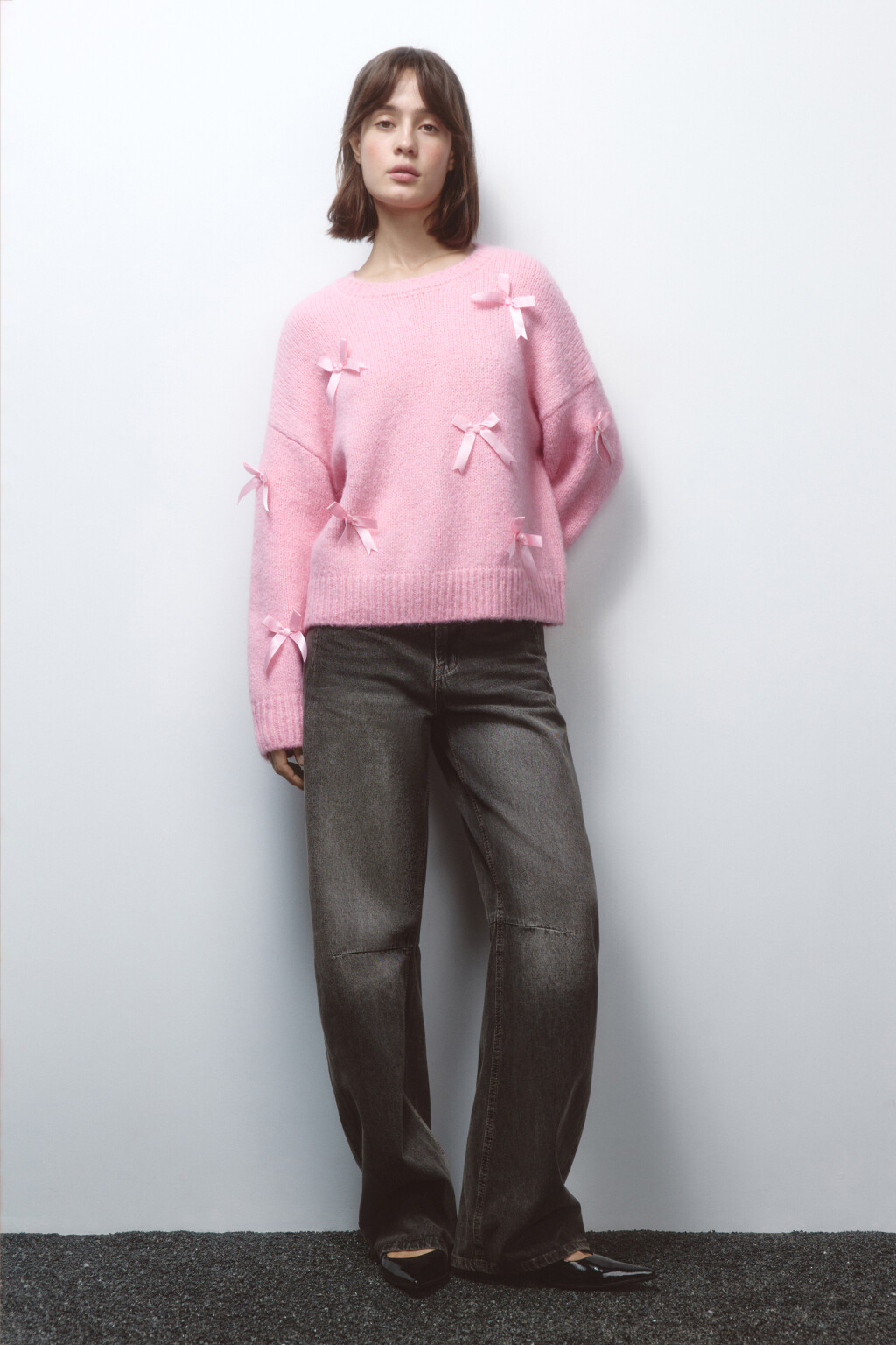 Джемпер вязаный с атласными бантиками - цвет розовый - 5