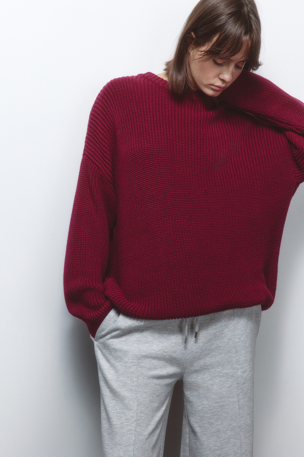 Джемпер толстой вязки из хлопковой пряжи - цвет бордовый - 1