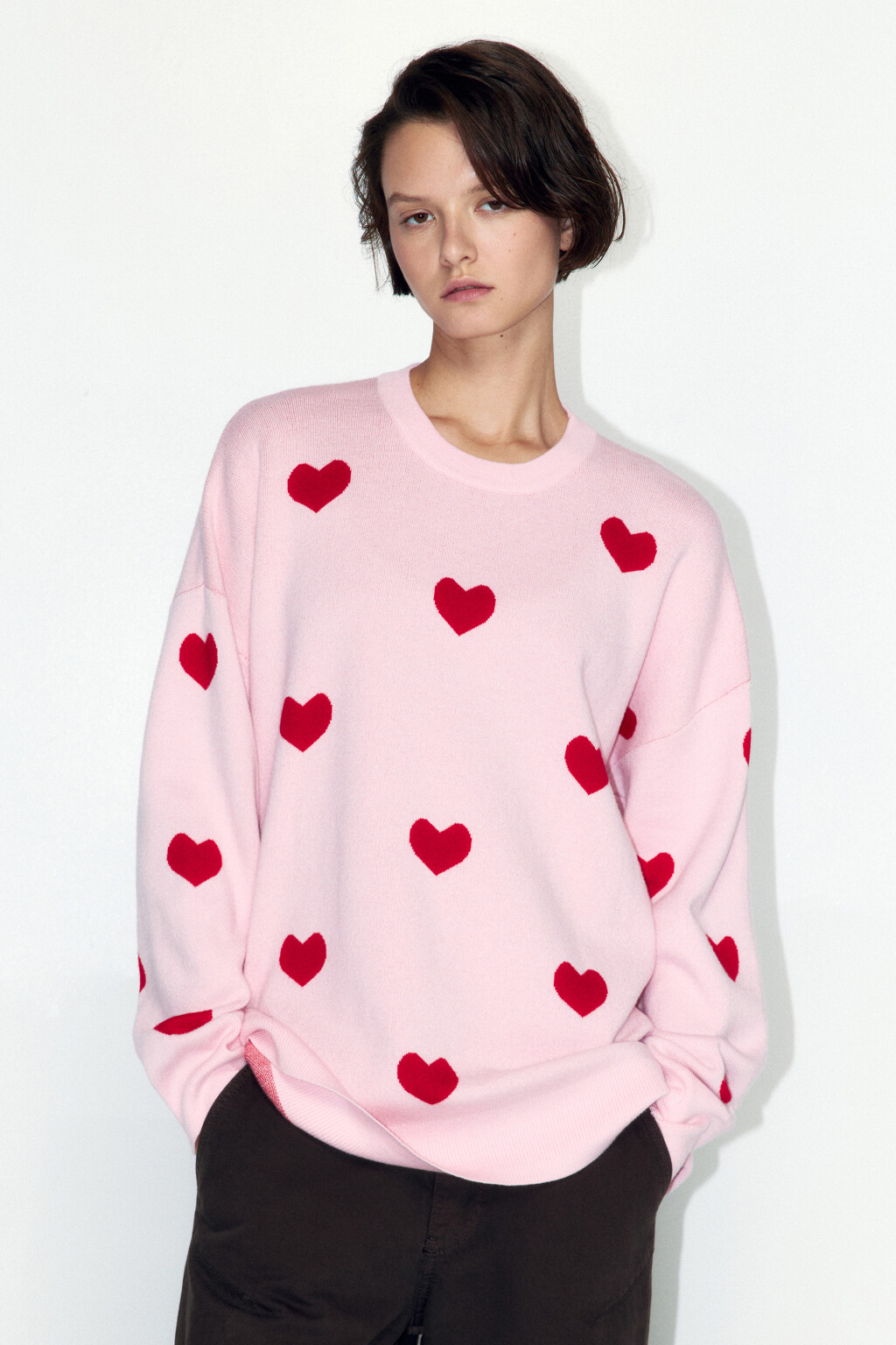 Джемпер толстой вязки с принтом в сердечко - цвет розовый - 2