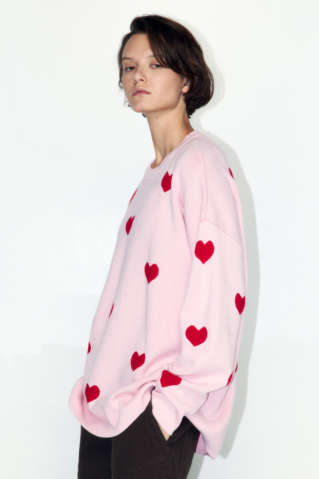 Джемпер толстой вязки с принтом в сердечко - цвет розовый - 3