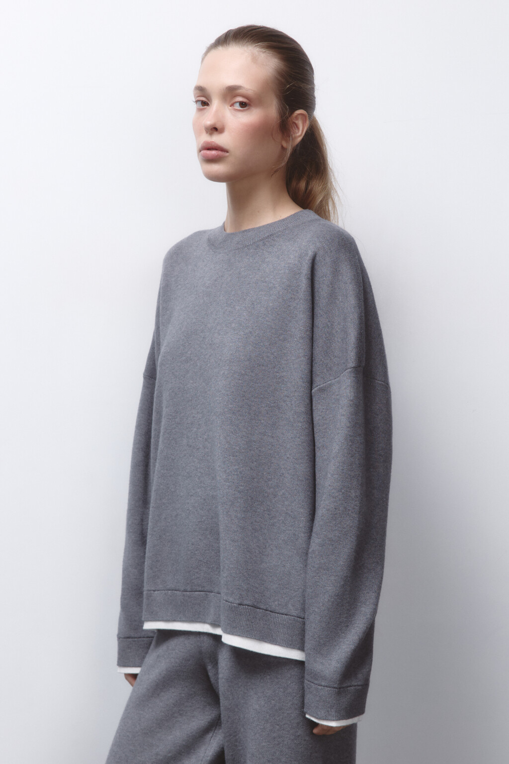 Джемпер вязаный с имитацией второго слоя - цвет серый - 3