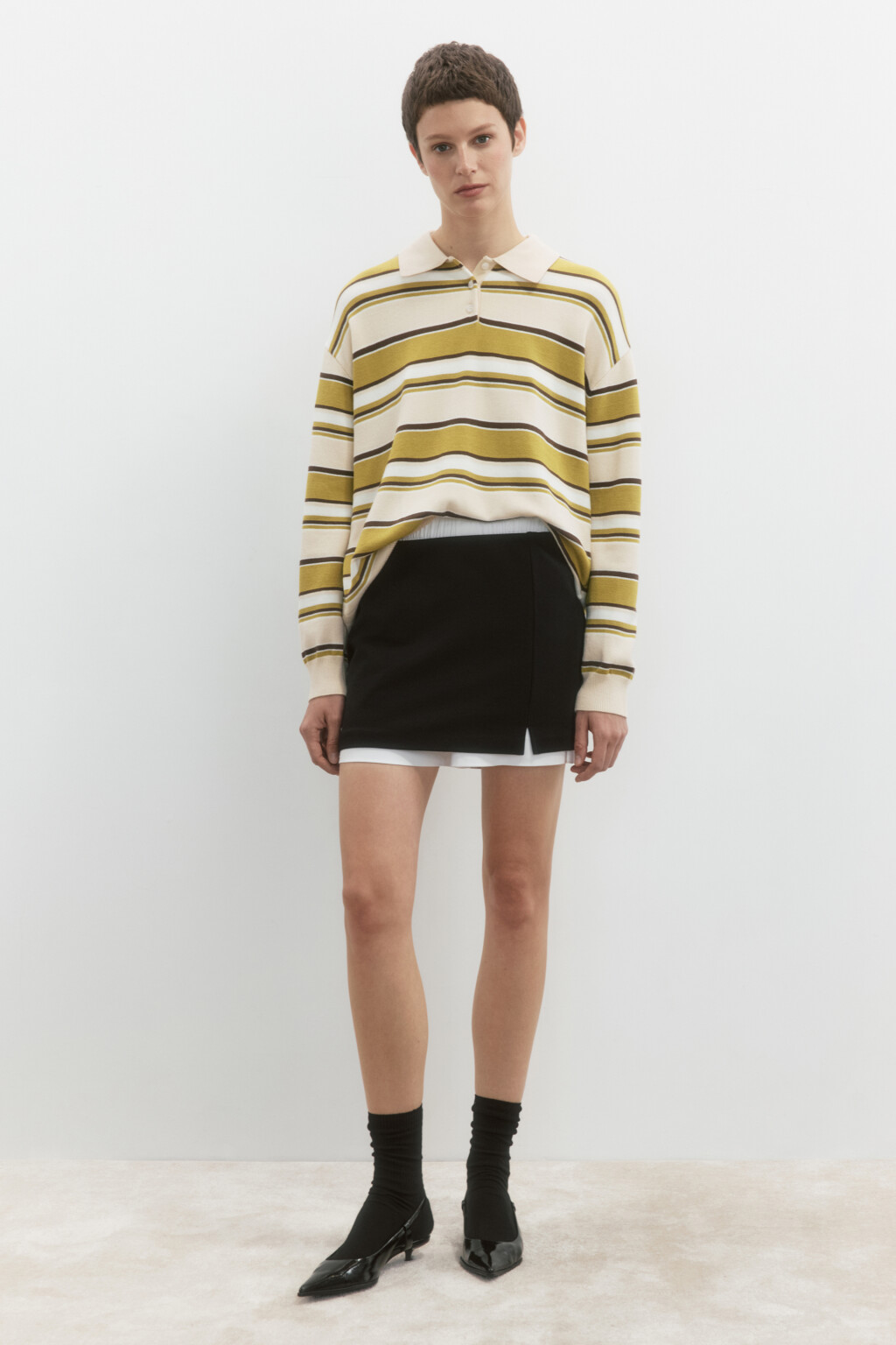 Джемпер-поло тонкой вязки в полоску - цвет зеленый - 6