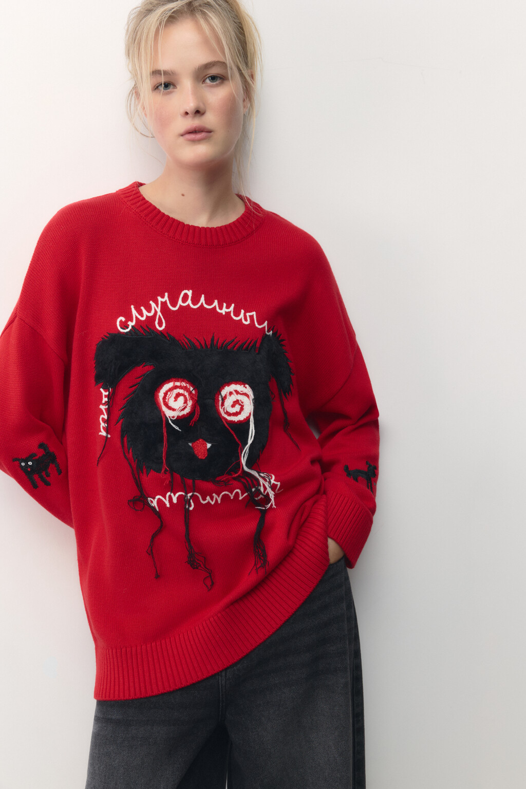 Джемпер вязаный с принтом и надписью - цвет красный - 1