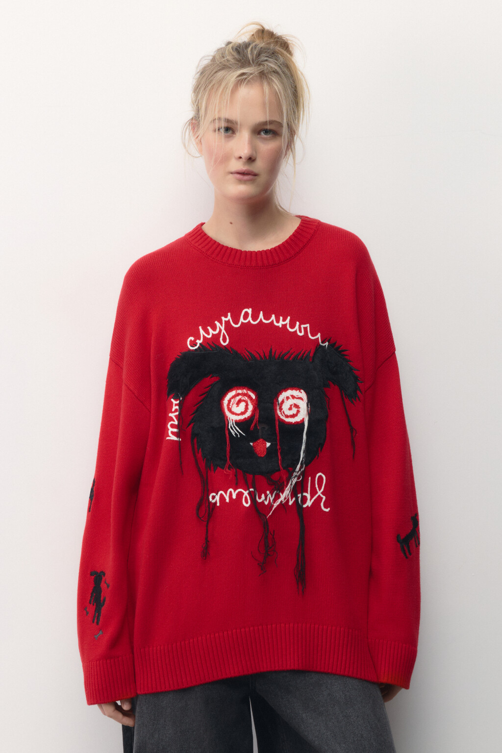 Джемпер вязаный с принтом и надписью - цвет красный - 2