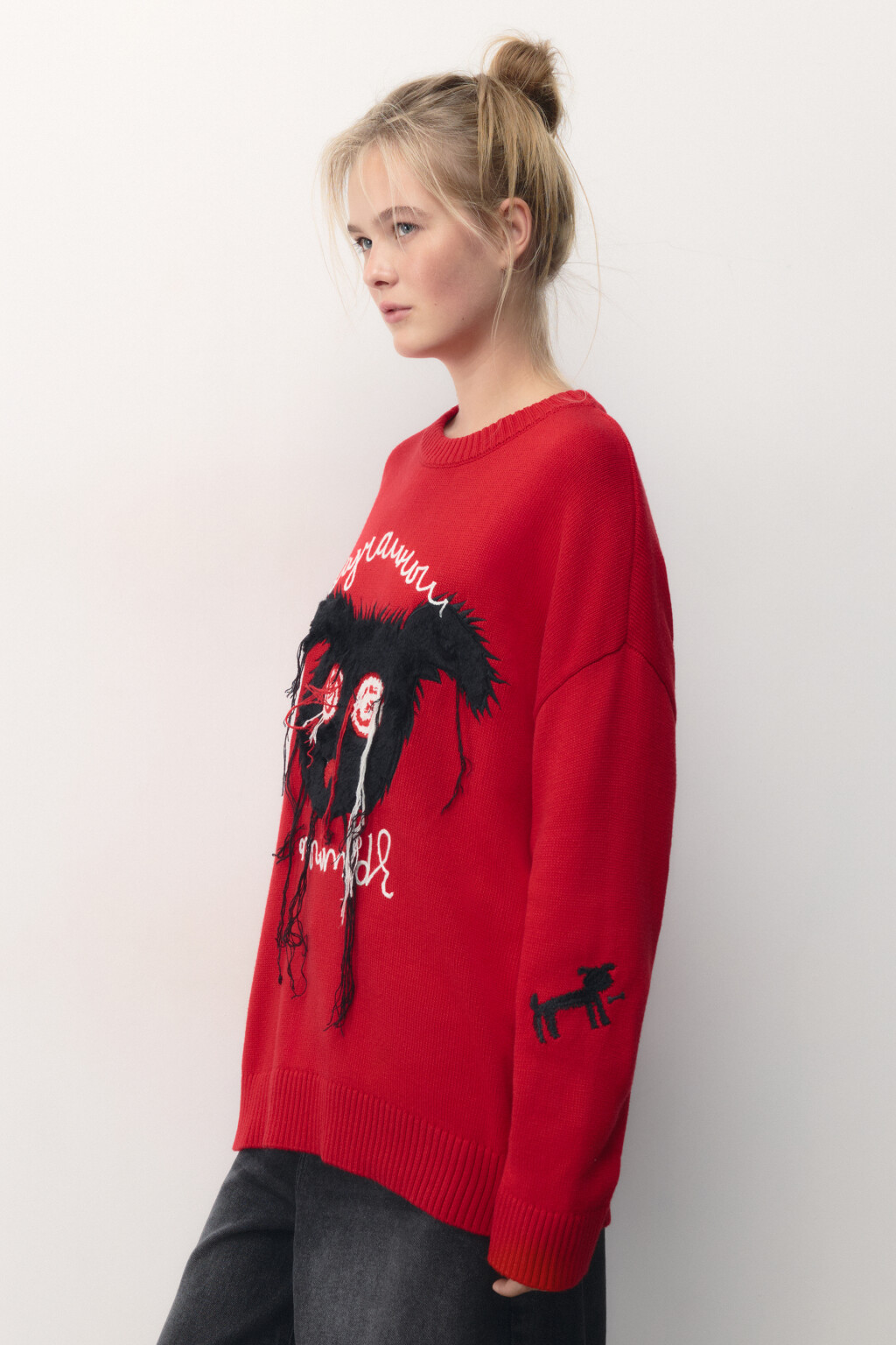 Джемпер вязаный с принтом и надписью - цвет красный - 3