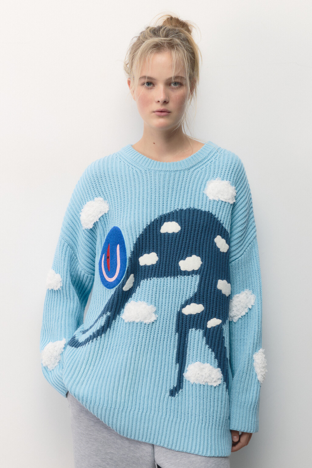 Джемпер вязаный в рубчик с фактурными деталями - цвет голубой - 3