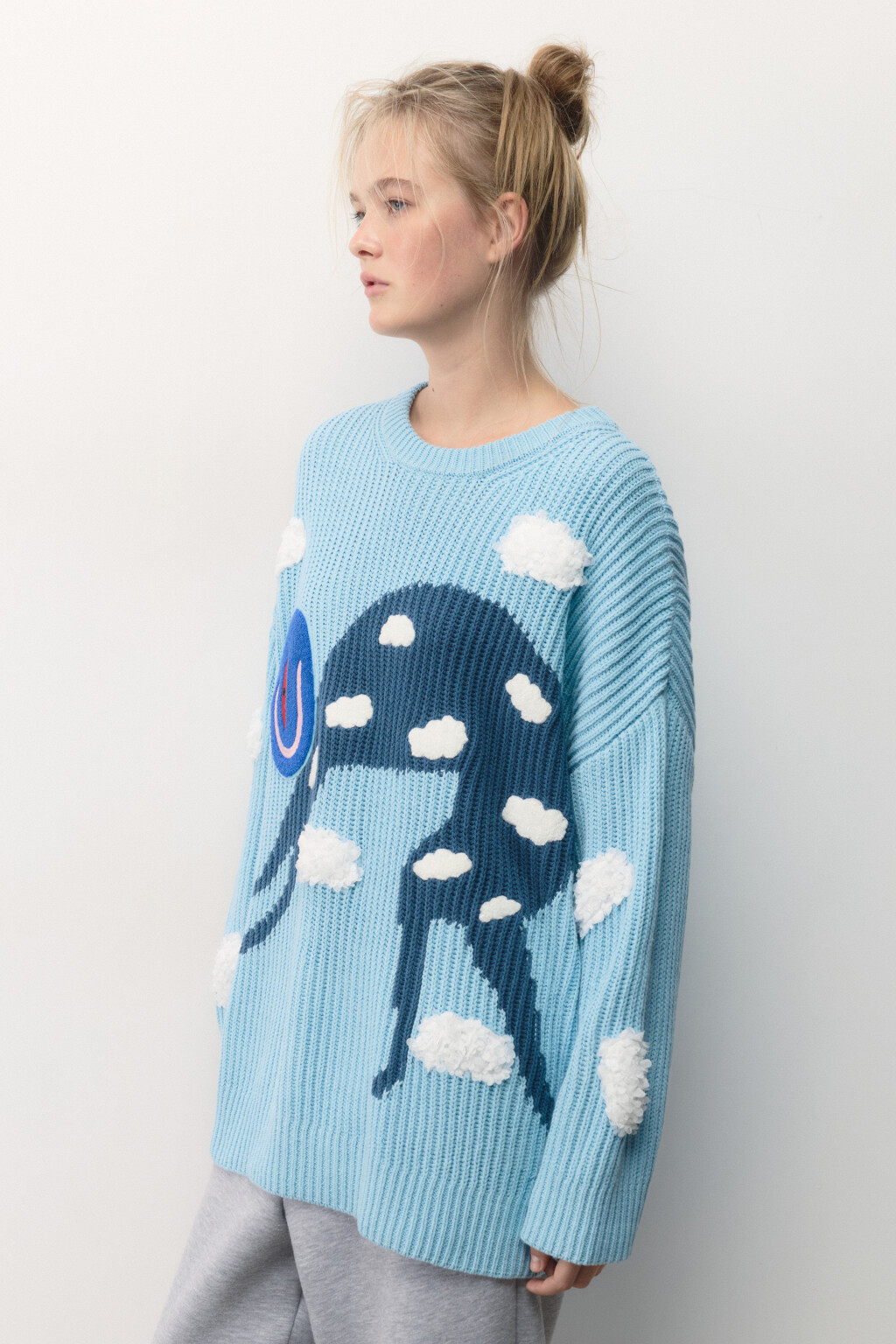 Джемпер вязаный в рубчик с фактурными деталями - цвет голубой - 4