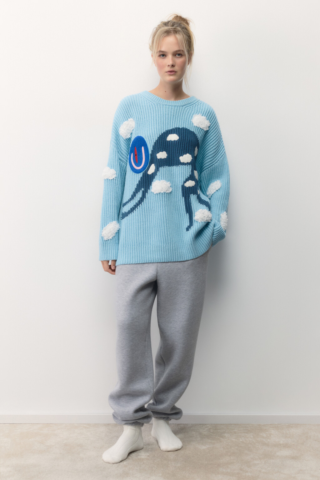 Джемпер вязаный в рубчик с фактурными деталями - цвет голубой - 6