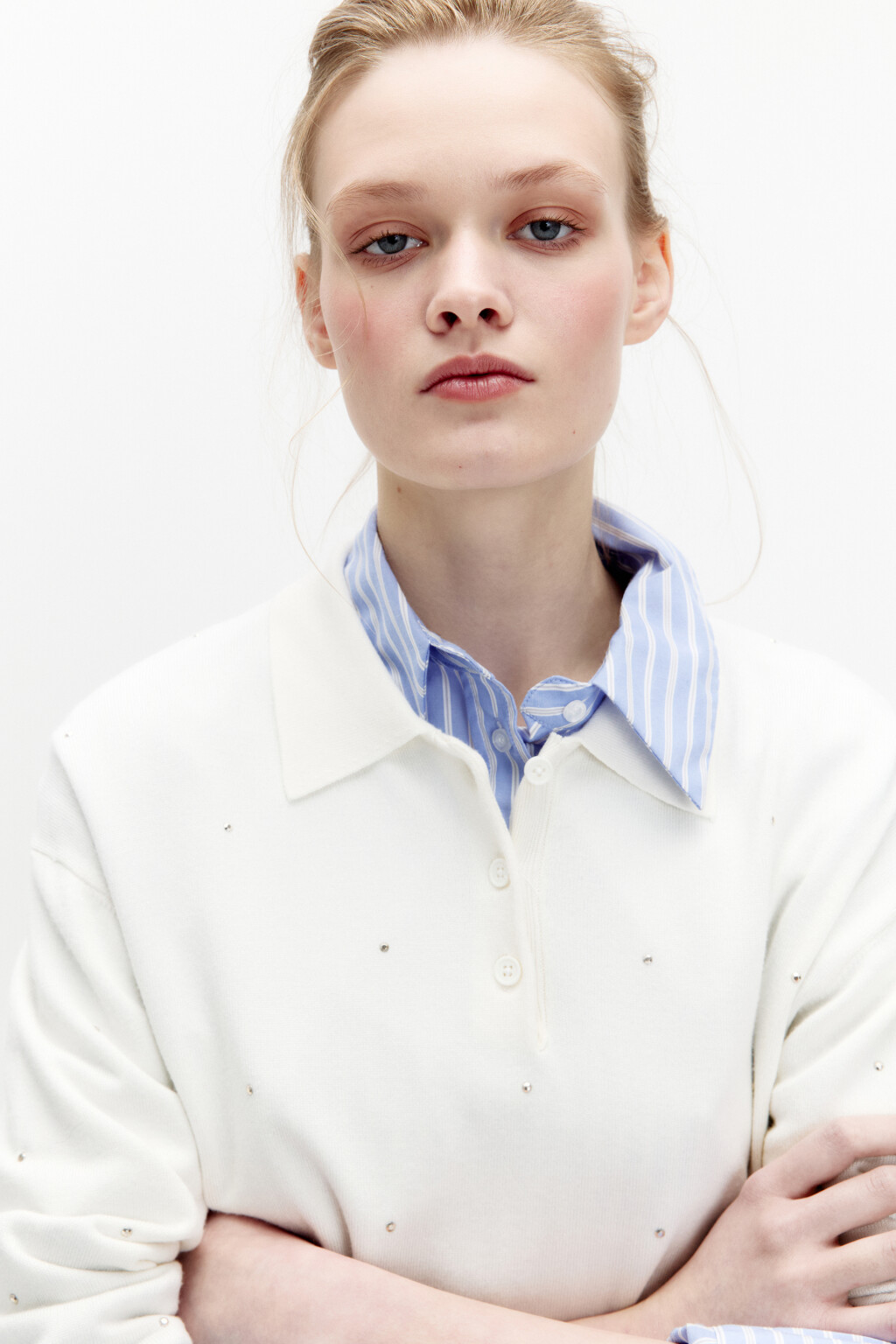 Джемпер-поло вязаный со стразами - цвет молочный - 1