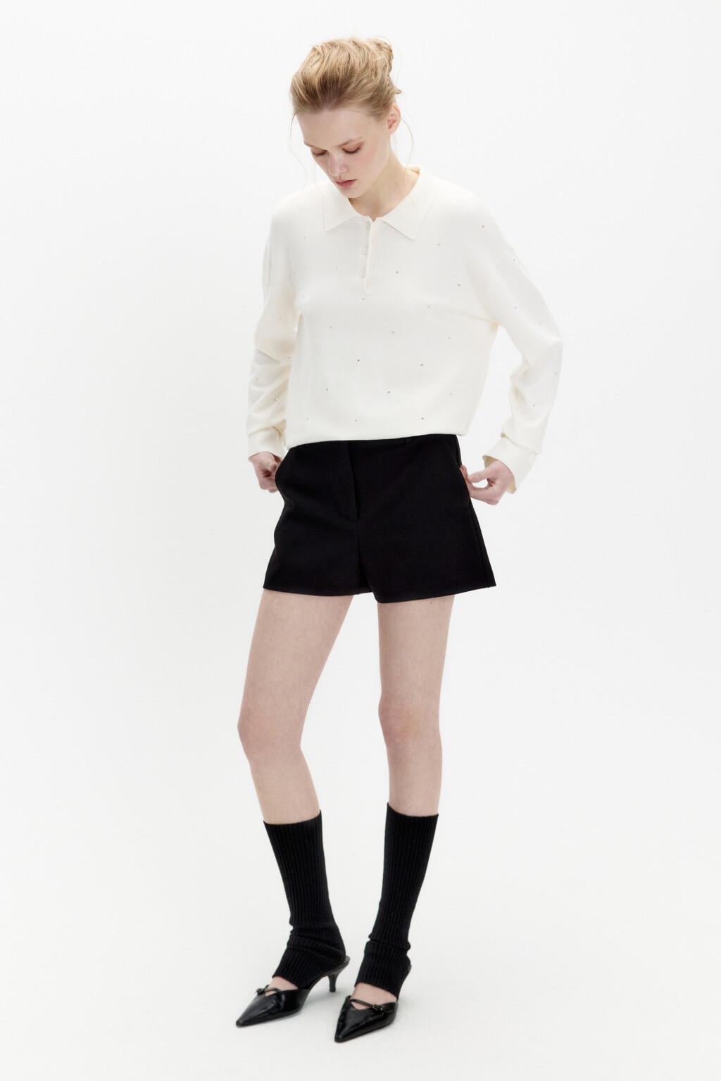 Джемпер-поло вязаный со стразами - цвет молочный - 5