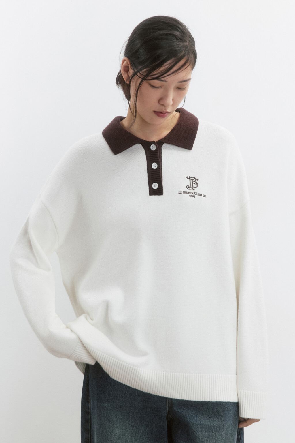 Джемпер-поло вязаный с вышивкой на груди - цвет молочный - 2