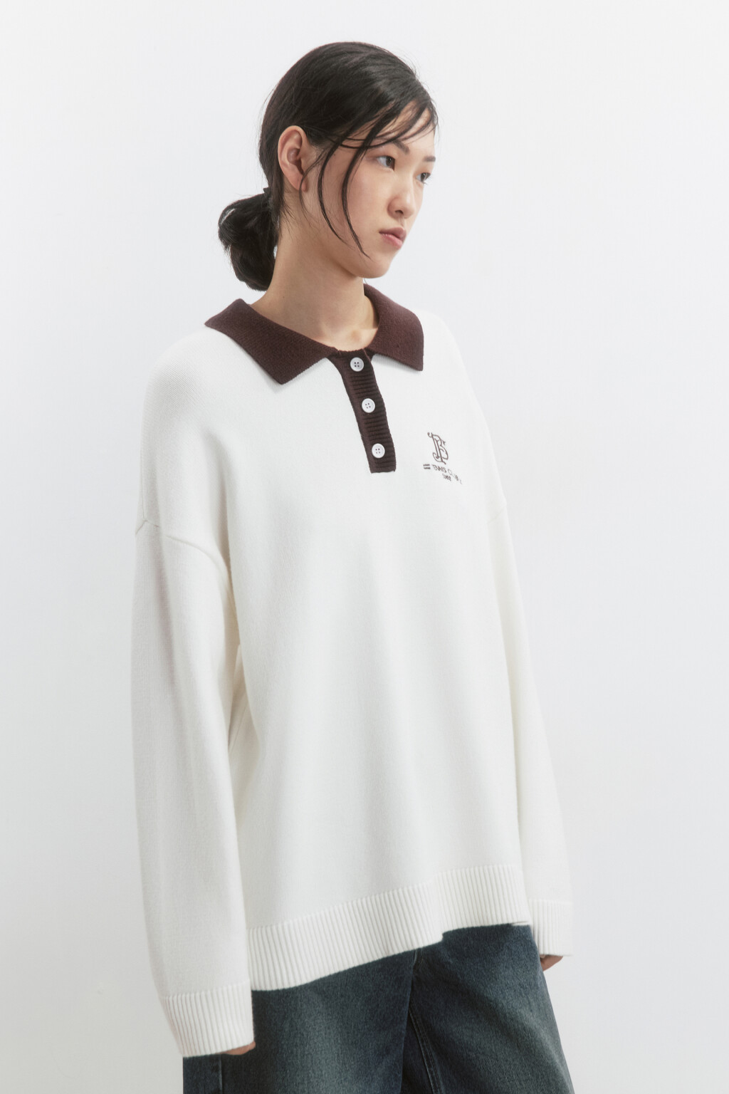 Джемпер-поло вязаный с вышивкой на груди - цвет молочный - 3