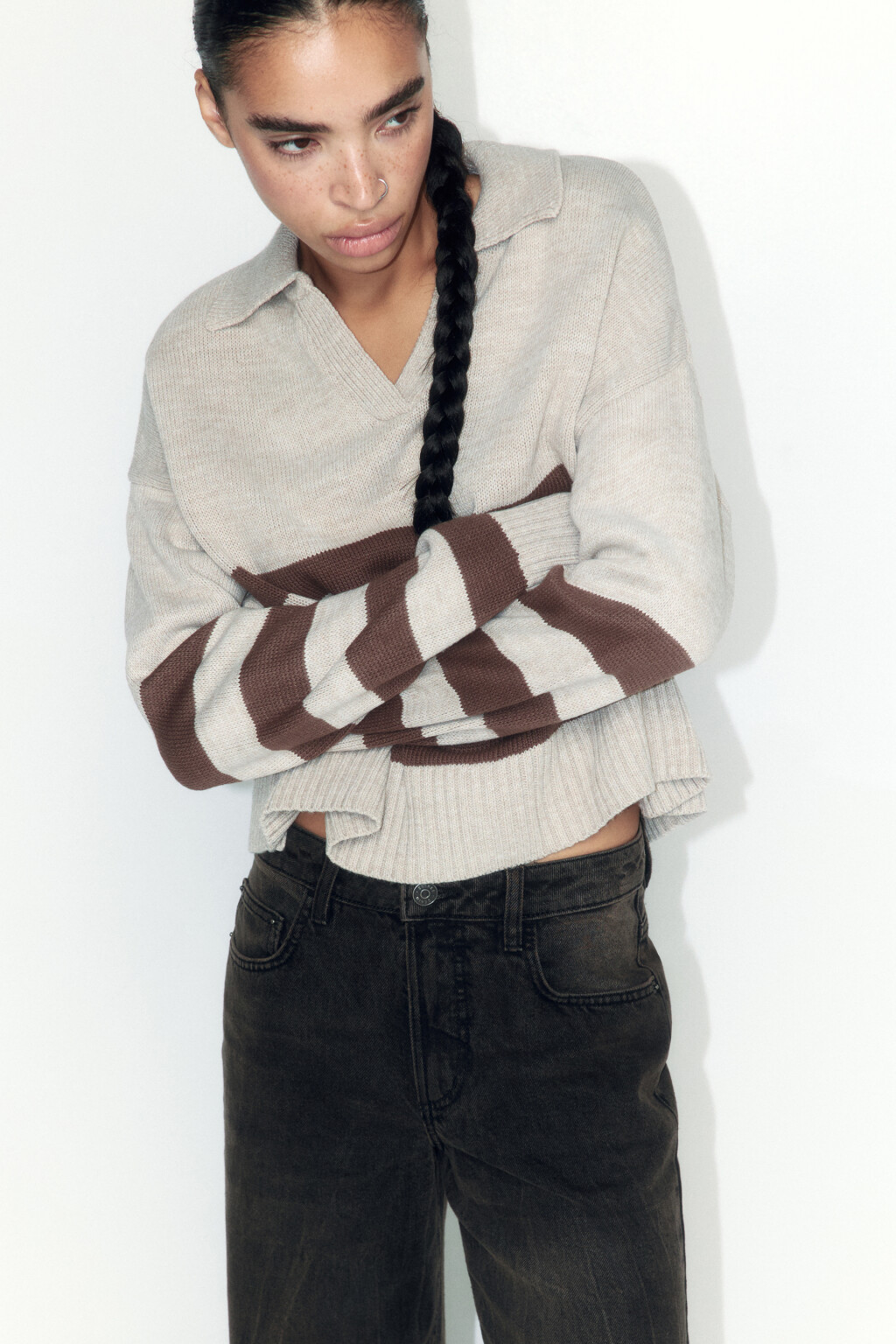 Джемпер-поло вязаный укороченный в полоску - цвет бежевый - 1