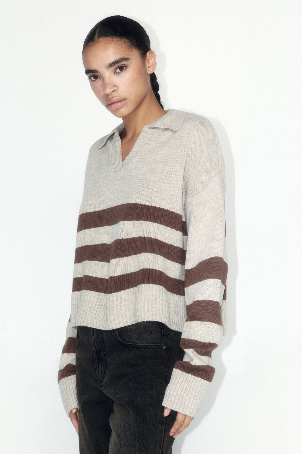 Джемпер-поло вязаный укороченный в полоску - цвет бежевый - 3