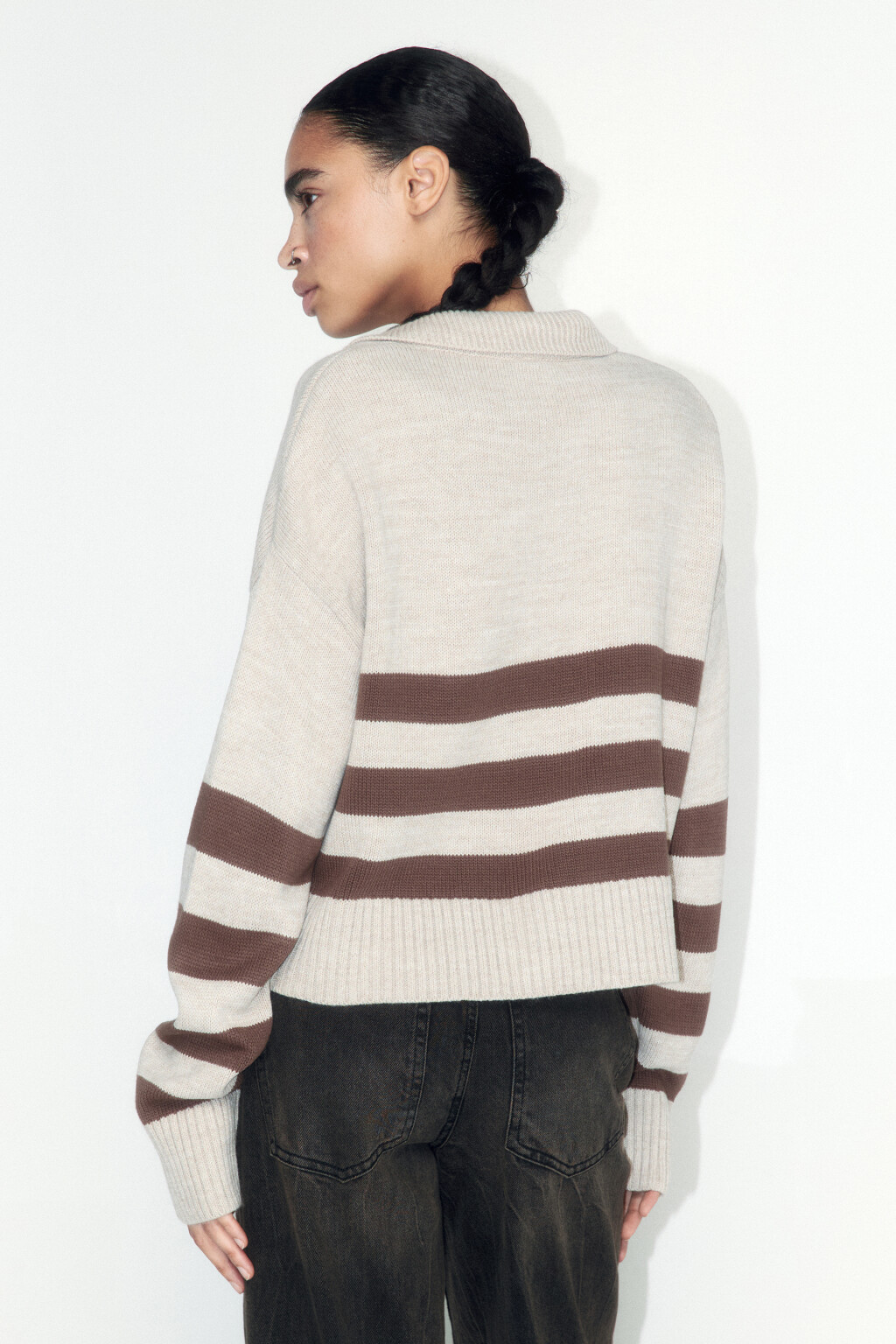 Джемпер-поло вязаный укороченный в полоску - цвет бежевый - 4