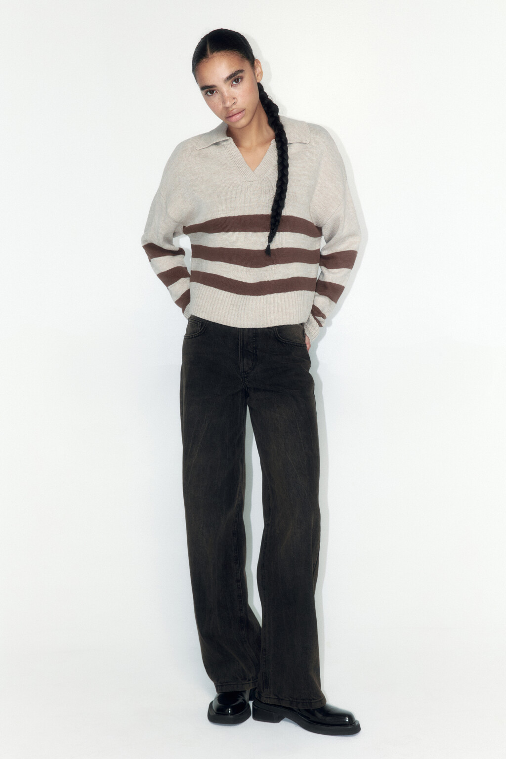 Джемпер-поло вязаный укороченный в полоску - цвет бежевый - 5