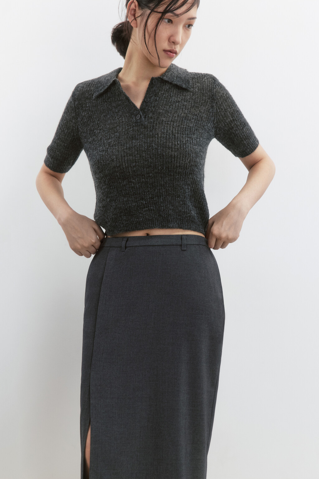 Футболка-поло укороченная вязаная с шерстью - цвет серый - 1