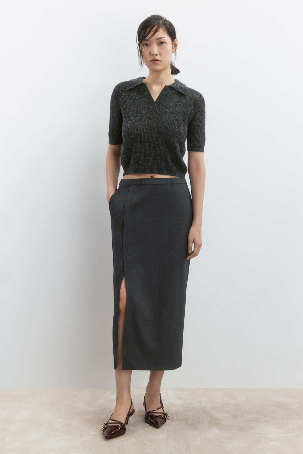 Футболка-поло укороченная вязаная с шерстью - цвет серый - 2