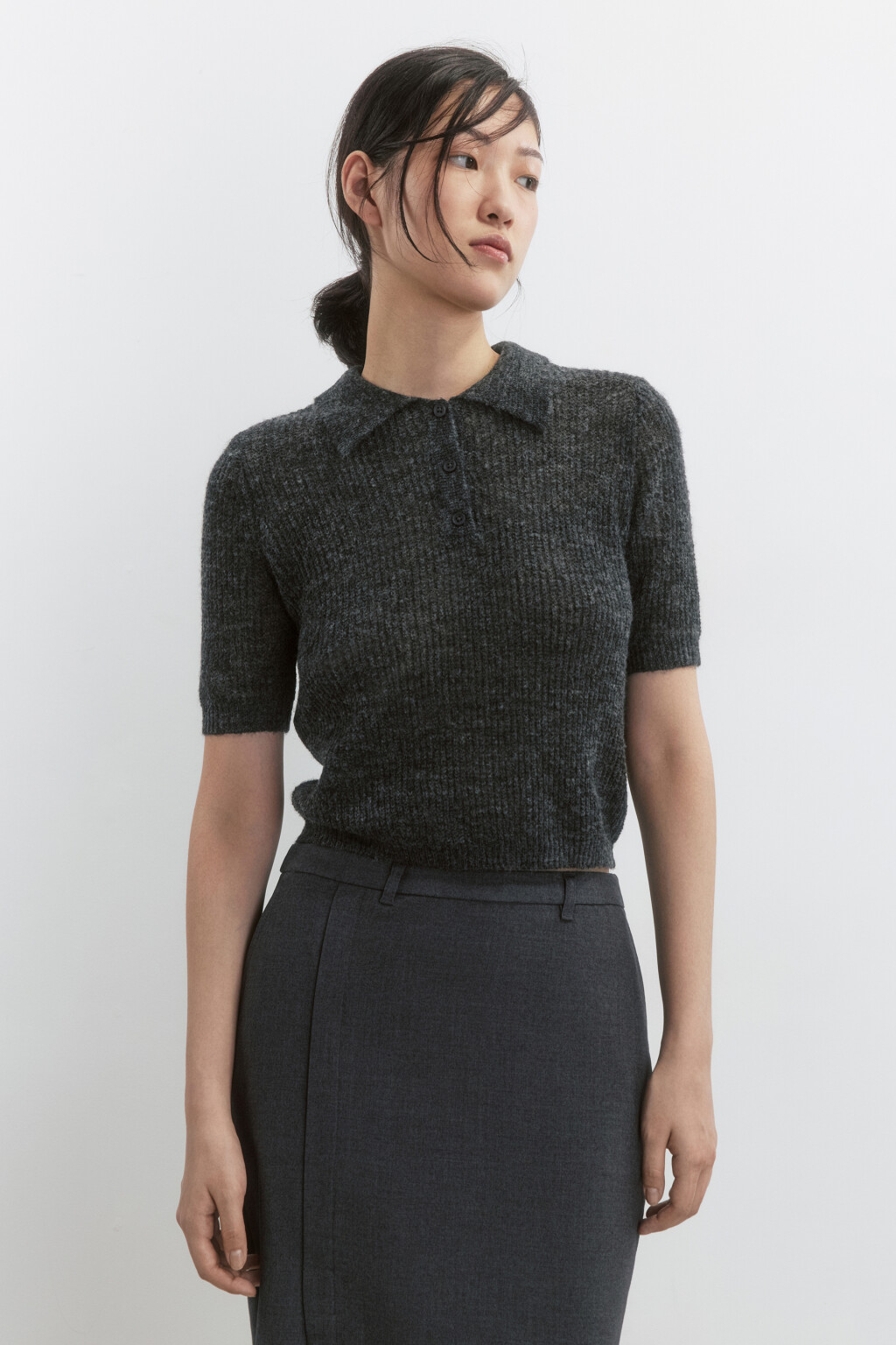 Футболка-поло укороченная вязаная с шерстью - цвет серый - 3