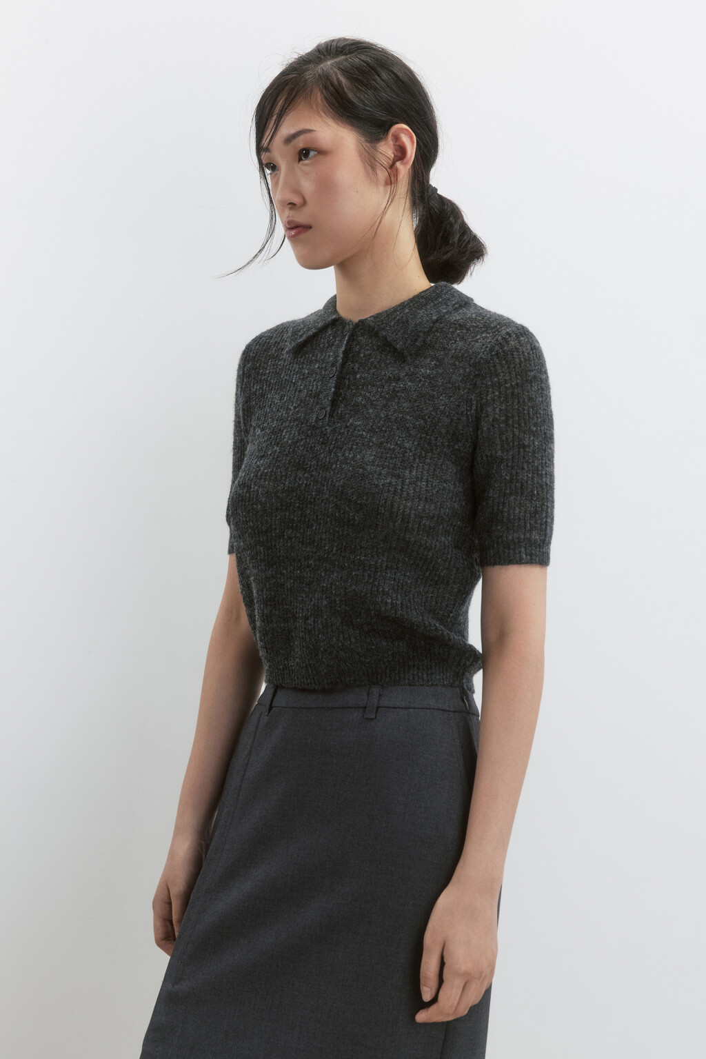 Футболка-поло укороченная вязаная с шерстью - цвет серый - 4