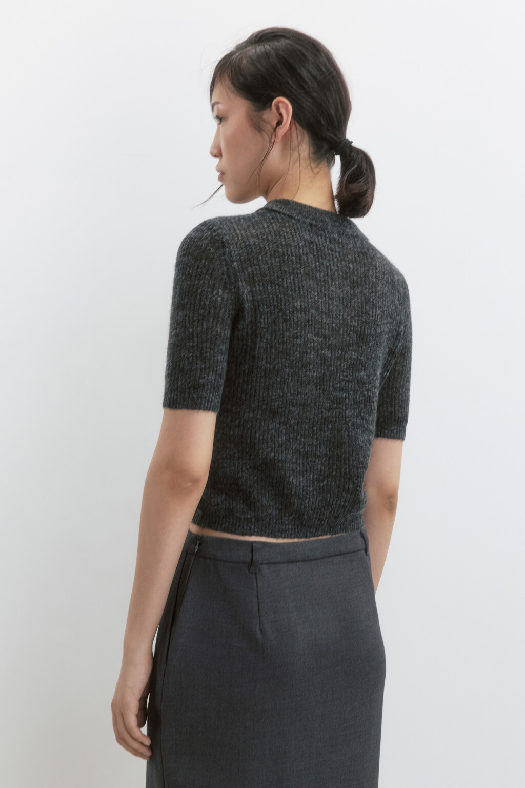 Футболка-поло укороченная вязаная с шерстью - цвет серый - 5