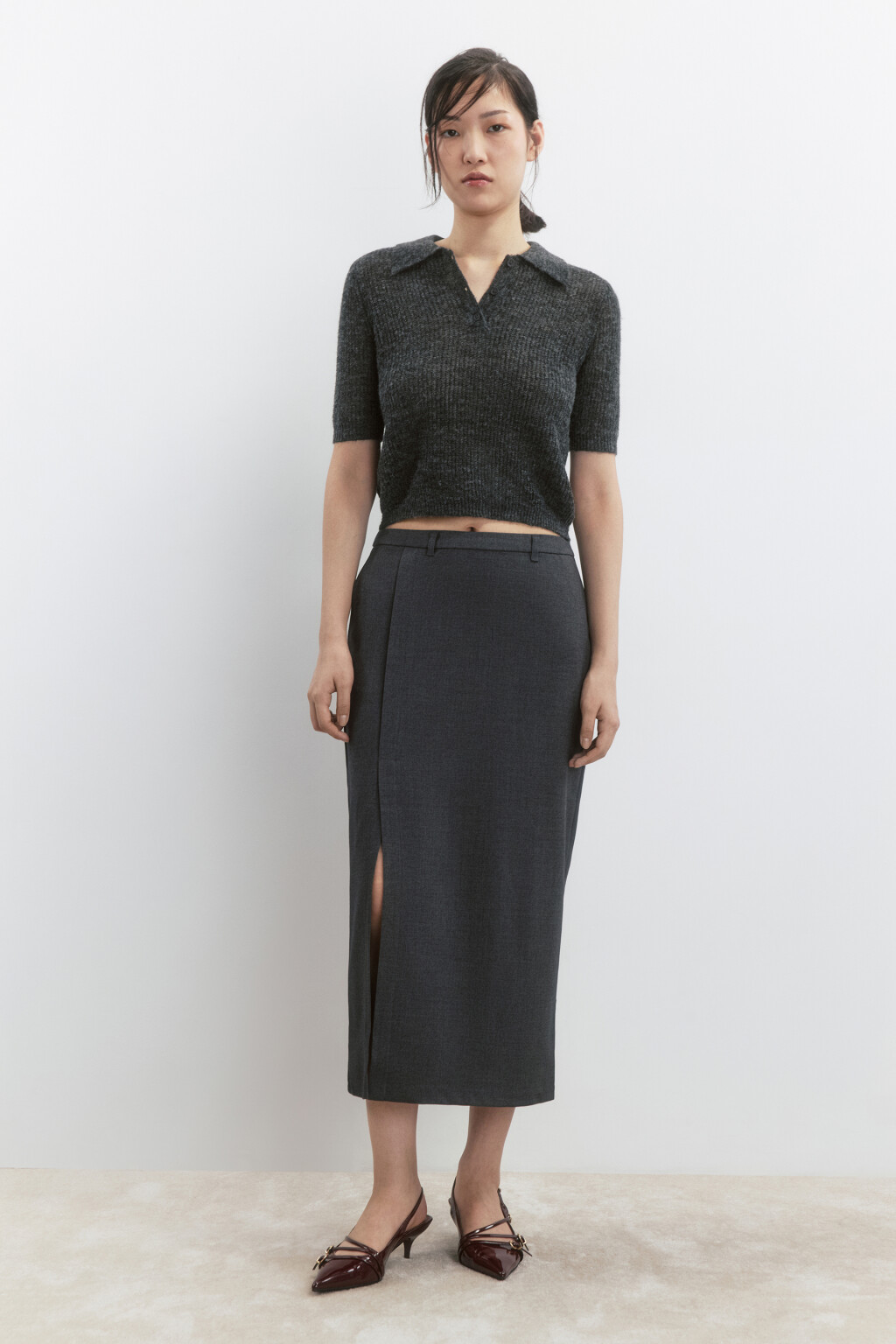 Футболка-поло укороченная вязаная с шерстью - цвет серый - 6