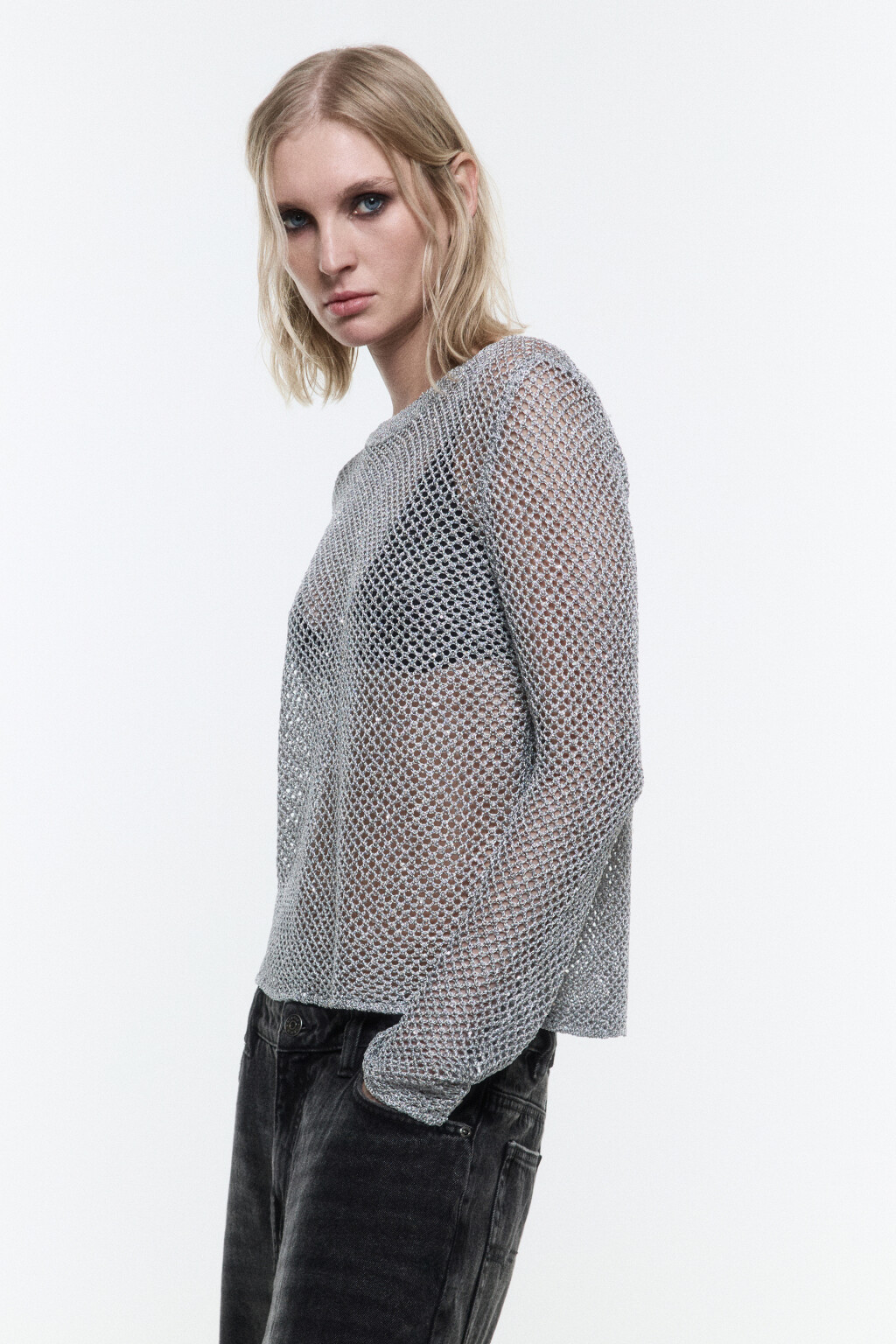 Лонгслив короткий сетчатый с пайетками - цвет серый - 3