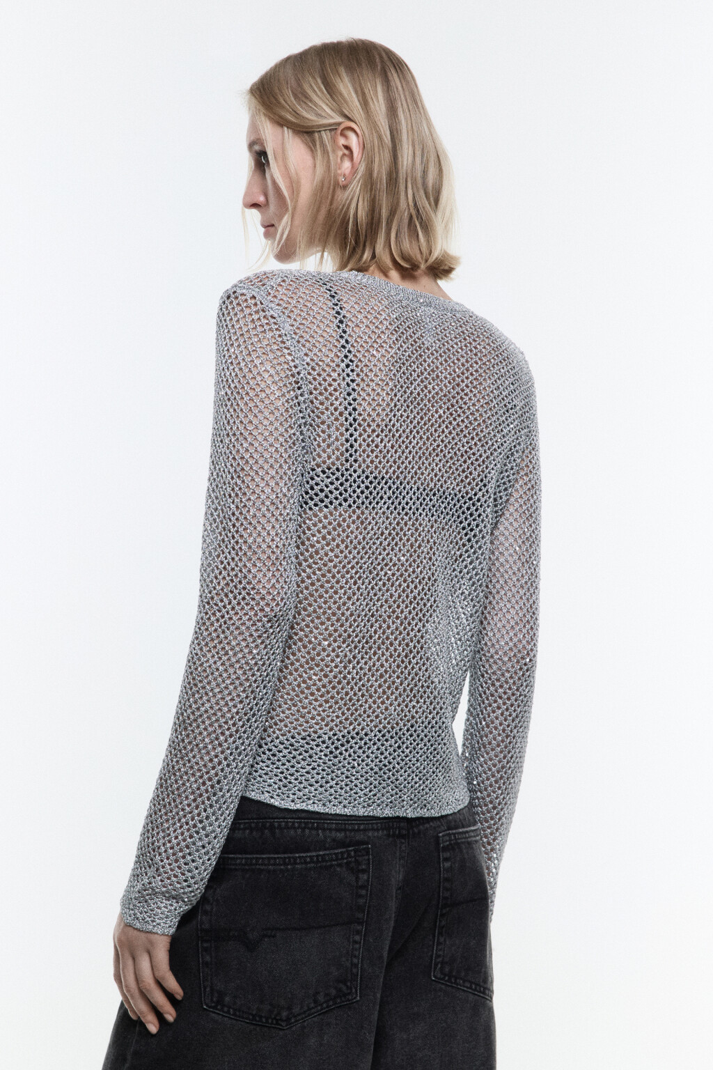 Лонгслив короткий сетчатый с пайетками - цвет серый - 4