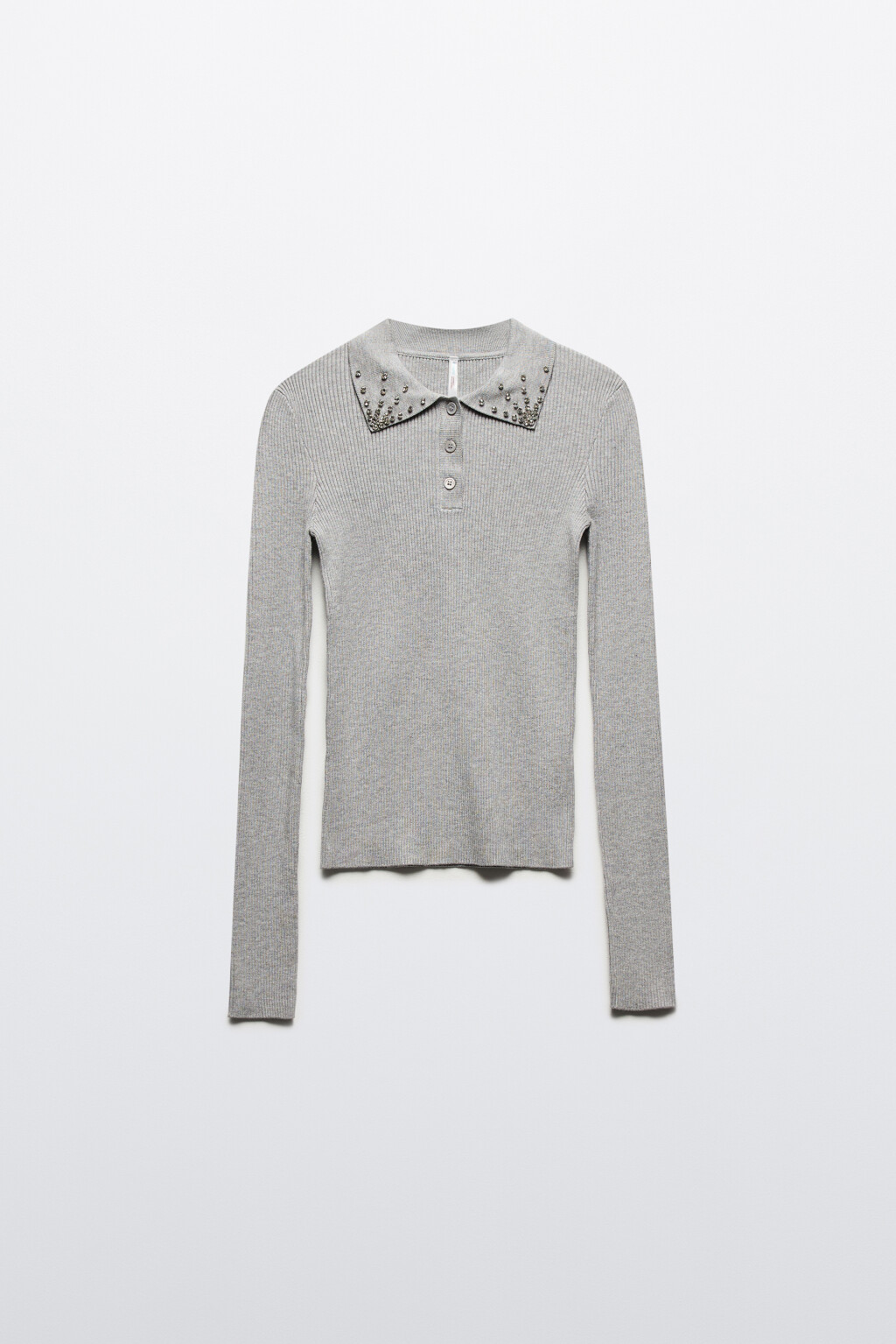 Джемпер-поло вязаный в рубчик со стразами - цвет серый - 9