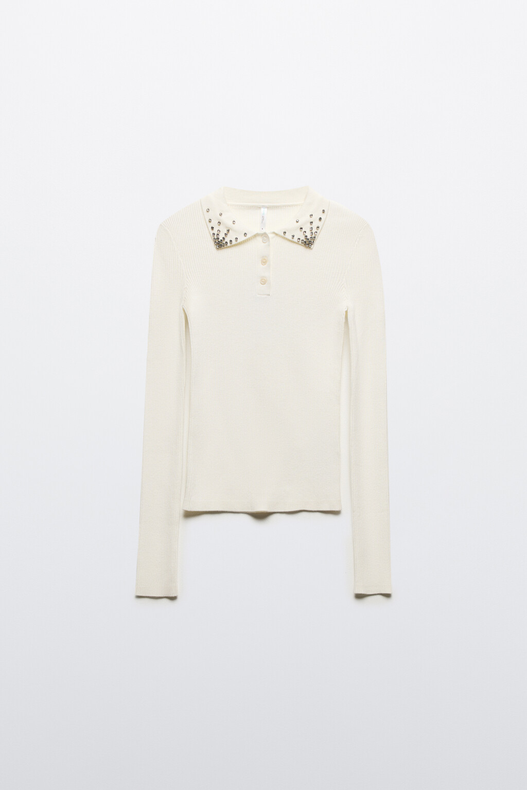 Джемпер-поло вязаный в рубчик со стразами - цвет молочный - 10