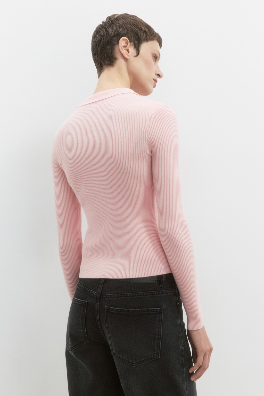 Джемпер-поло вязаный в рубчик со стразами - цвет розовый - 4