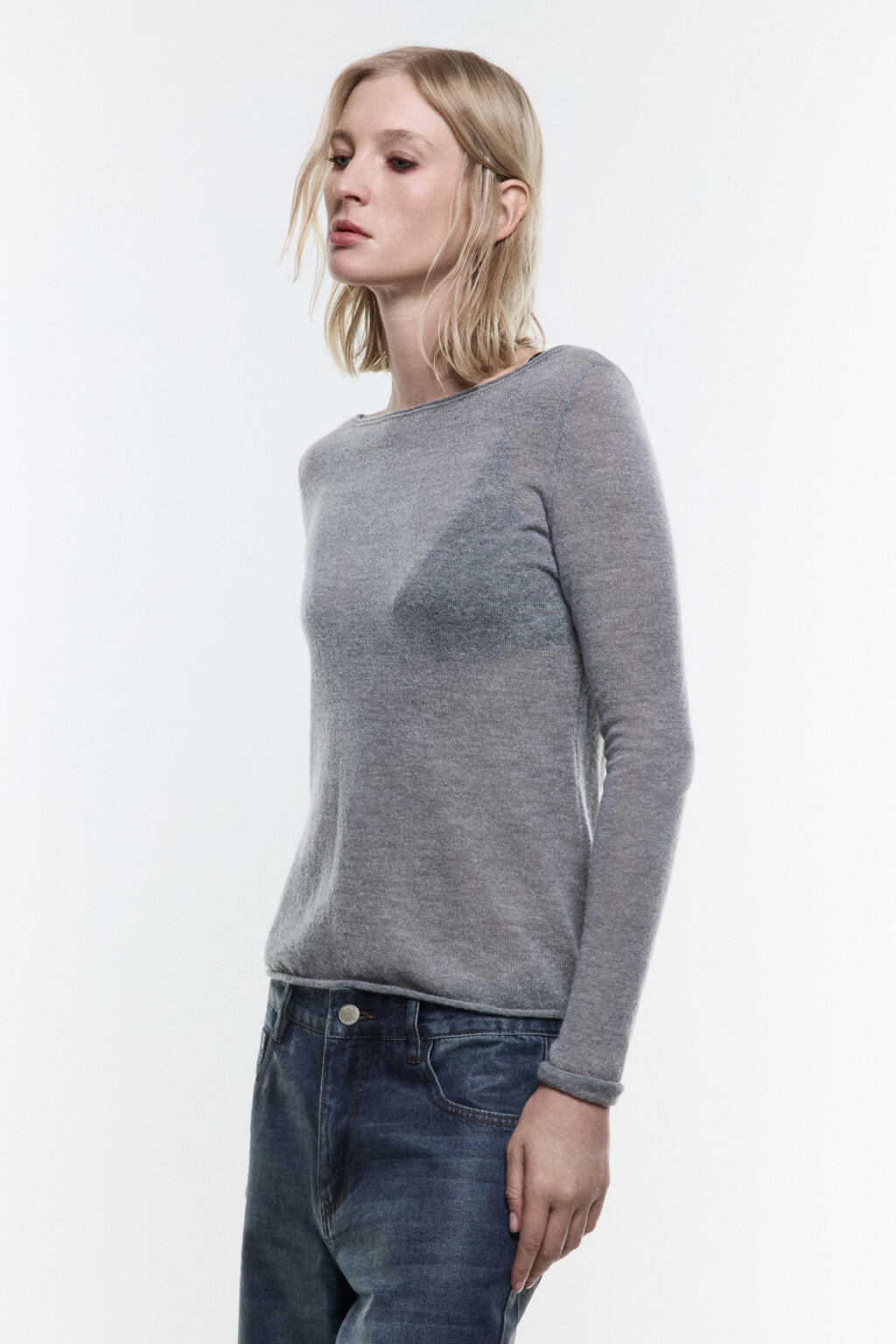 Джемпер-паутинка тонкий вязаный с шерстью - цвет серый - 3