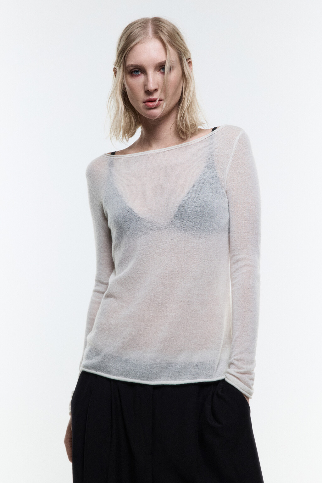 Джемпер-паутинка тонкий вязаный с шерстью - цвет молочный - 2