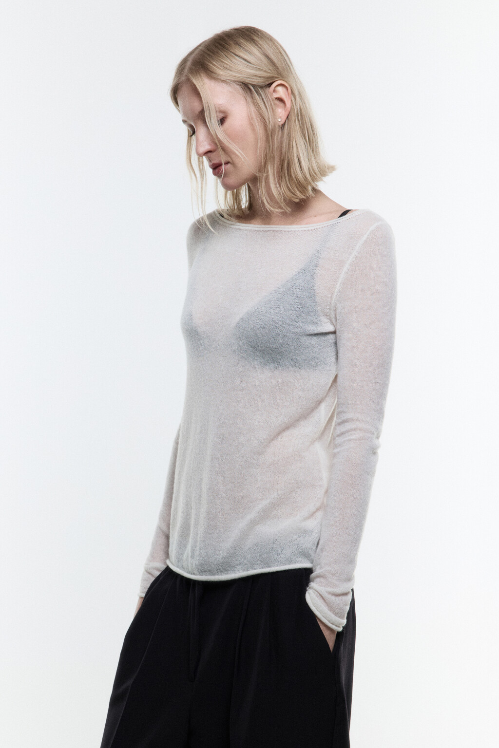 Джемпер-паутинка тонкий вязаный с шерстью - цвет молочный - 3