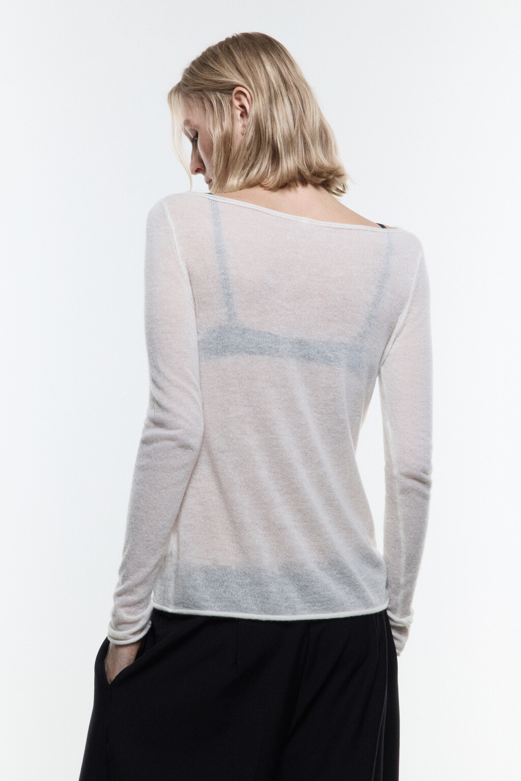 Джемпер-паутинка тонкий вязаный с шерстью - цвет молочный - 4