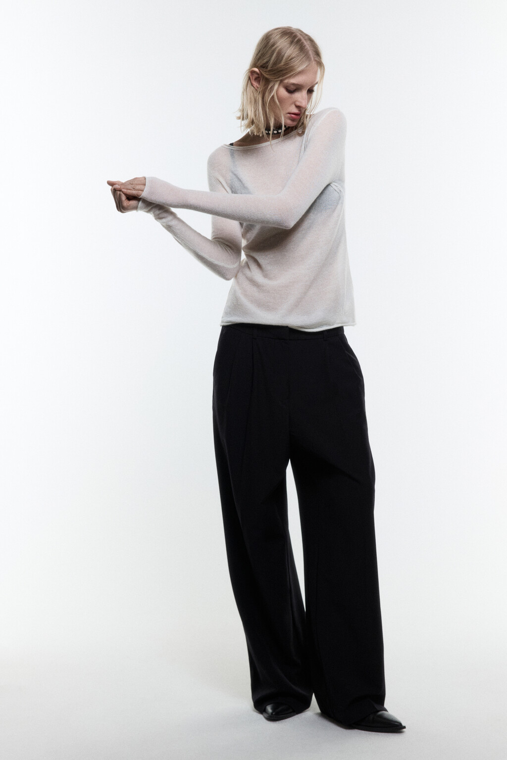 Джемпер-паутинка тонкий вязаный с шерстью - цвет молочный - 5