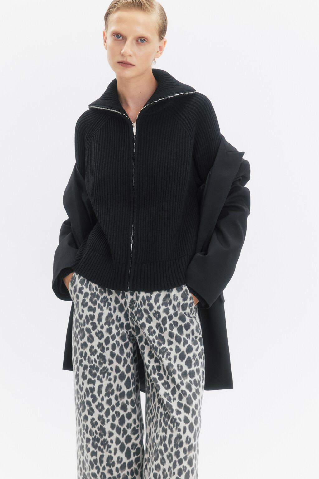 Кардиган вязаный на молнии с отложным воротником - цвет черный - 1