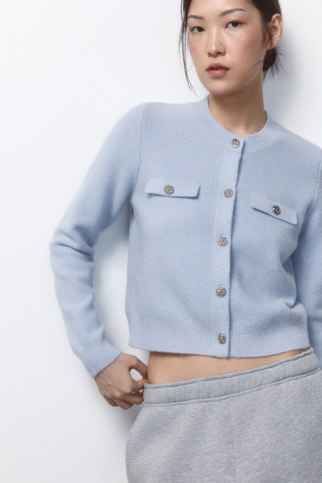 Кардиган вязаный с золотистыми пуговицами - цвет голубой - 1