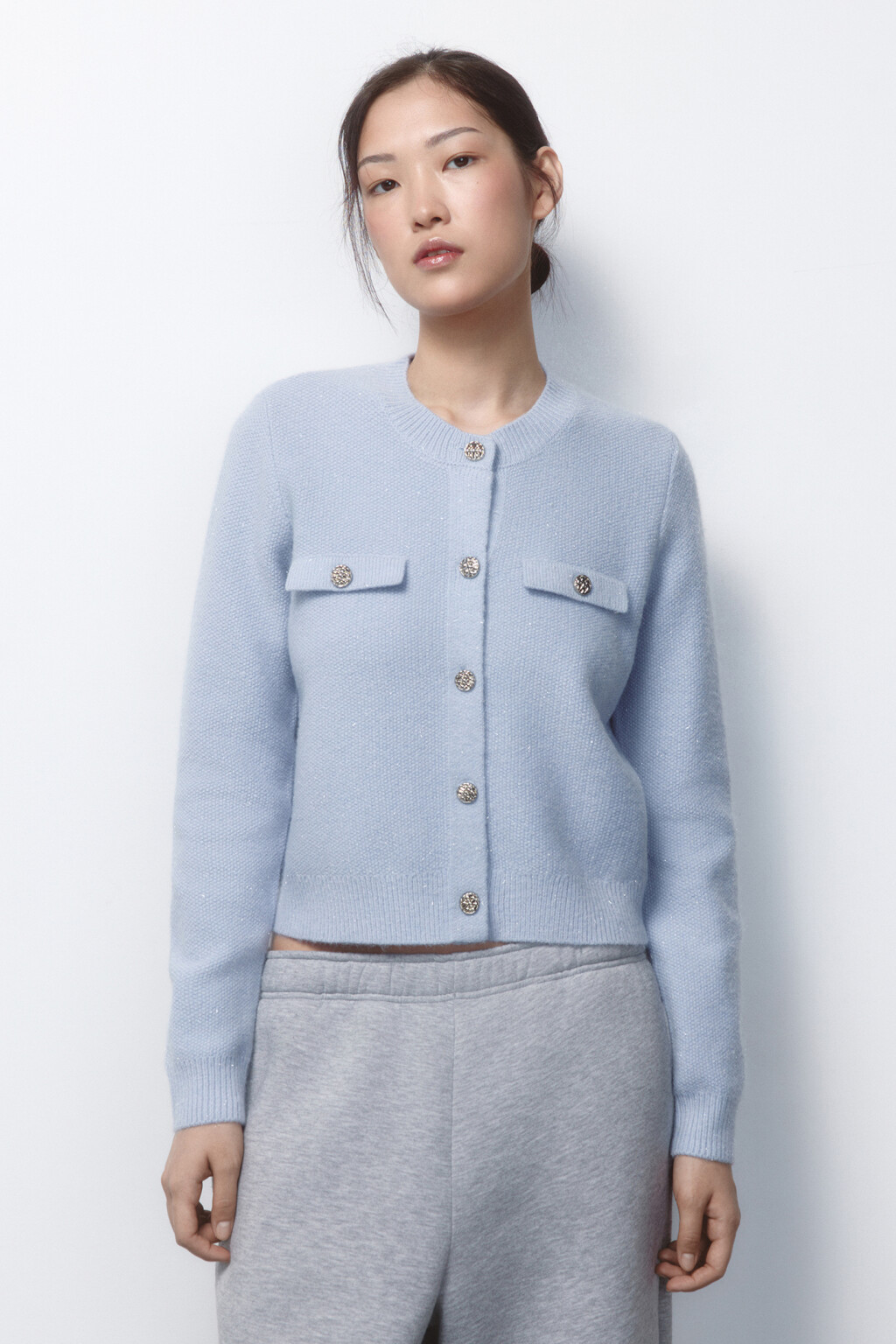 Кардиган вязаный с золотистыми пуговицами - цвет голубой - 2