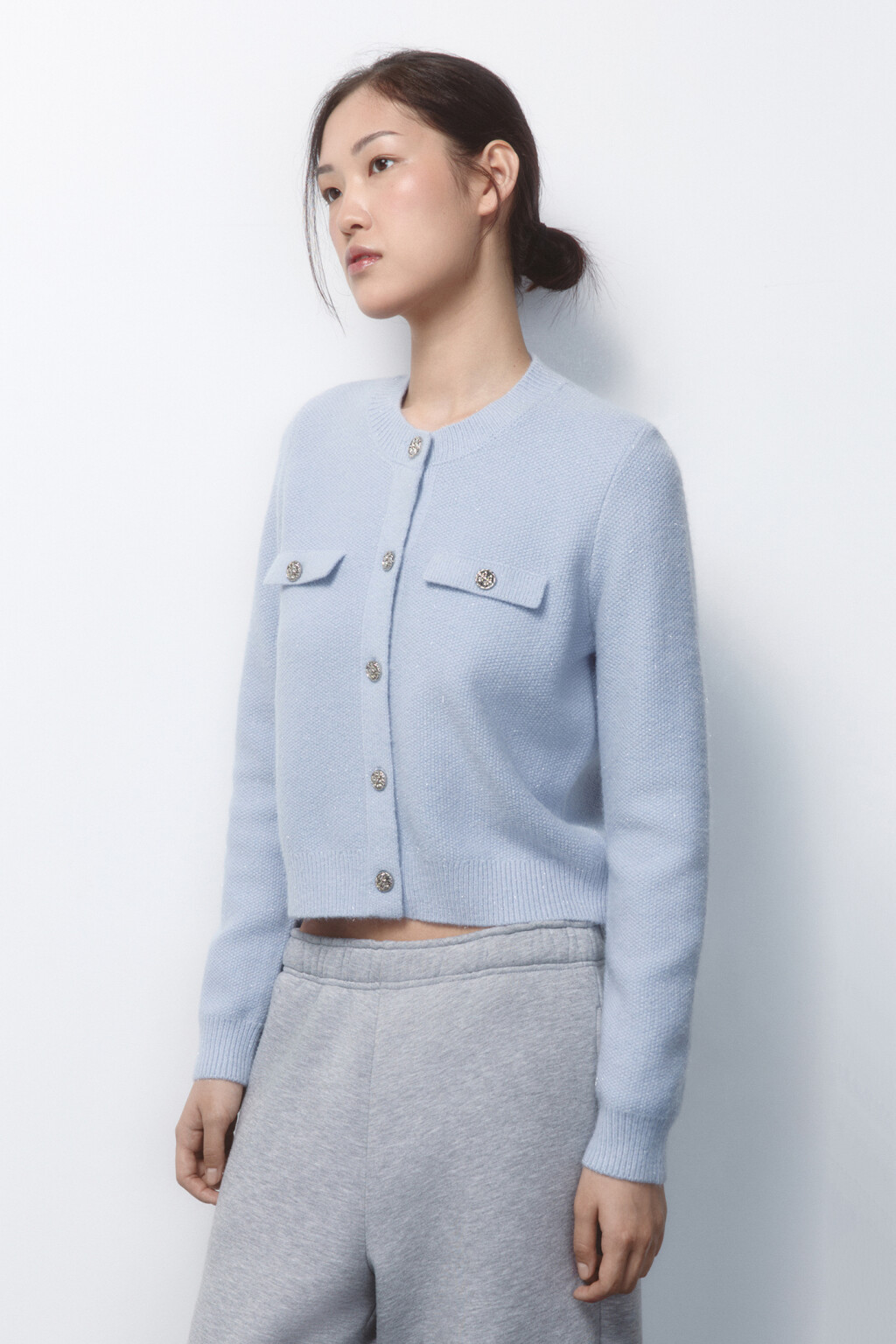 Кардиган вязаный с золотистыми пуговицами - цвет голубой - 3