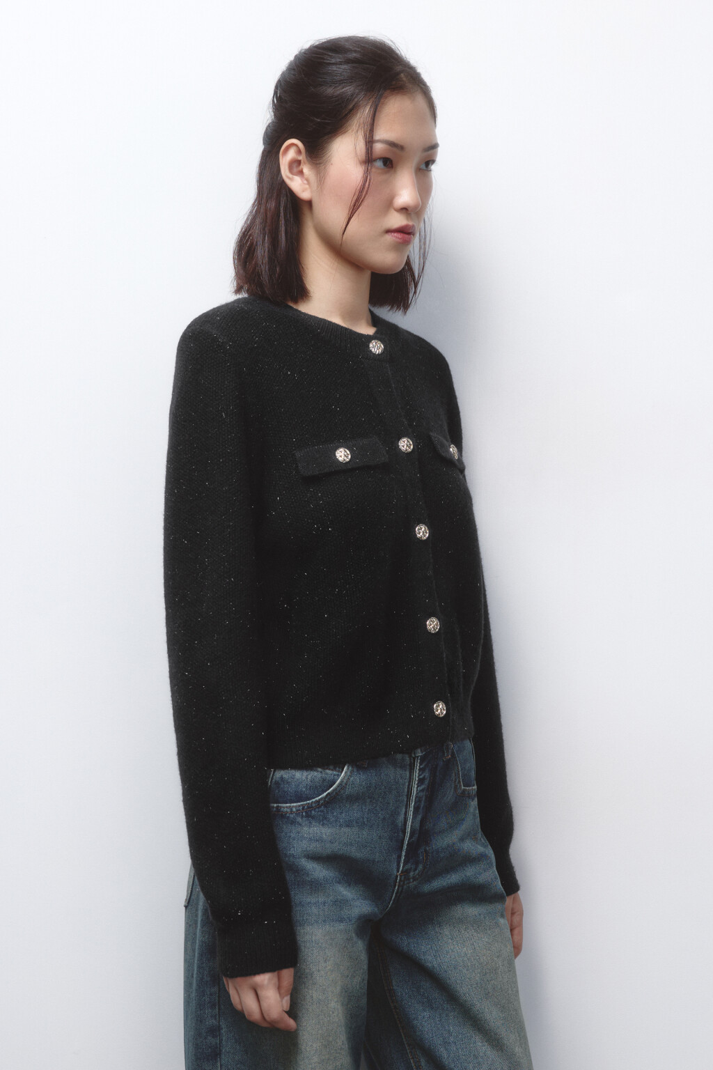 Кардиган вязаный с золотистыми пуговицами - цвет черный - 3
