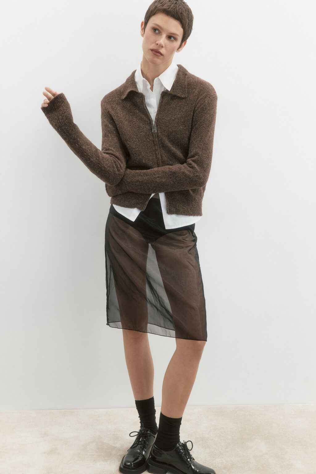 Кардиган на молнии вязаный с воротником - цвет коричневый - 1