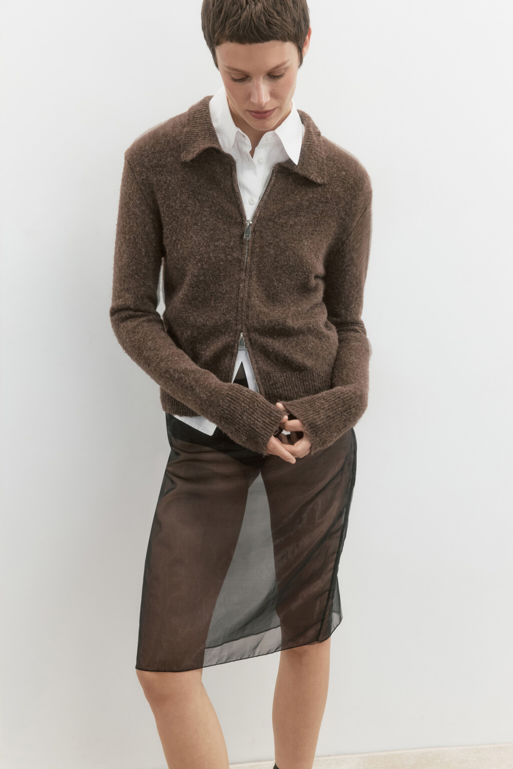 Кардиган на молнии вязаный с воротником - цвет коричневый - 2