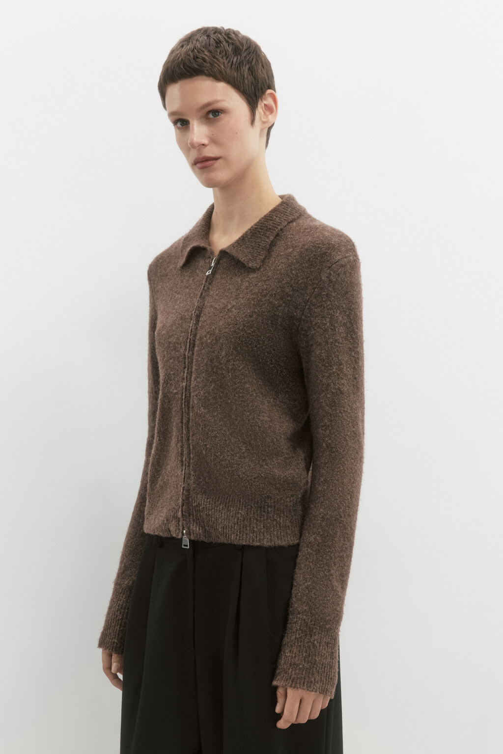 Кардиган на молнии вязаный с воротником - цвет коричневый - 4