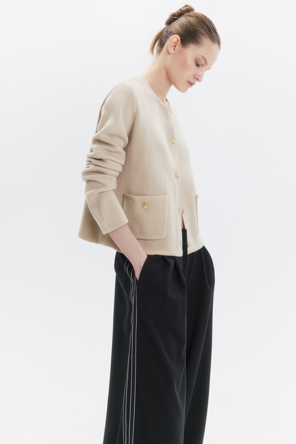 Кардиган вязаный жаккардовый с круглым вырезом - цвет бежевый - 5