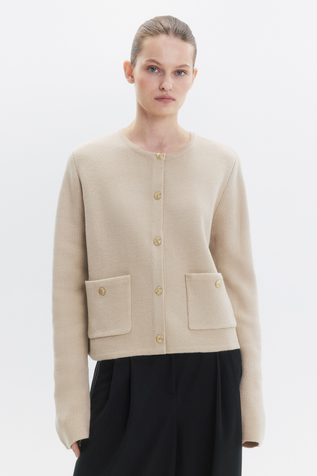 Кардиган вязаный жаккардовый с круглым вырезом - цвет бежевый - 1